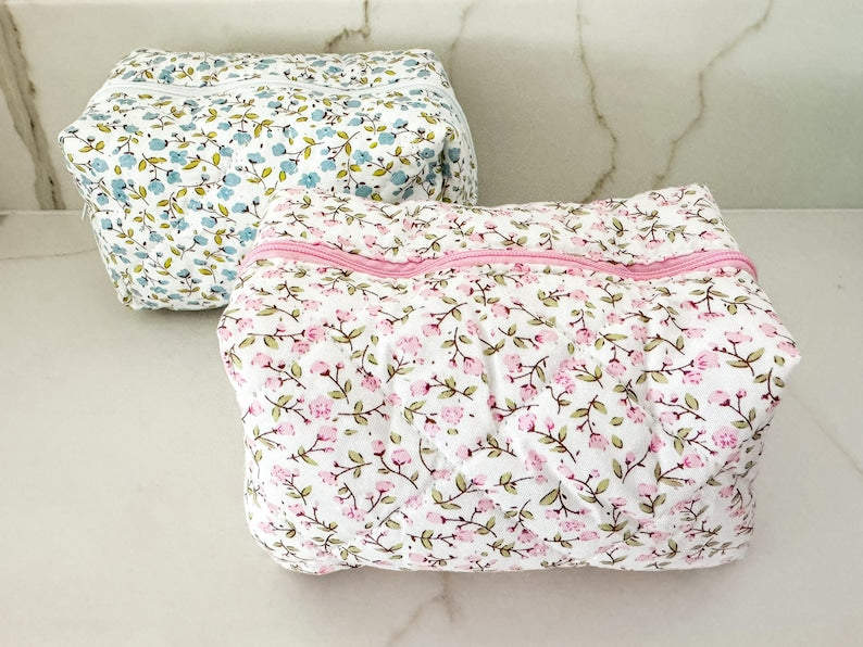 Quilted floral makeup bag gift box for Tween or Teenager girl / 14th birthday gift / 14 year old girl gift for Granddaughter niece daughter.