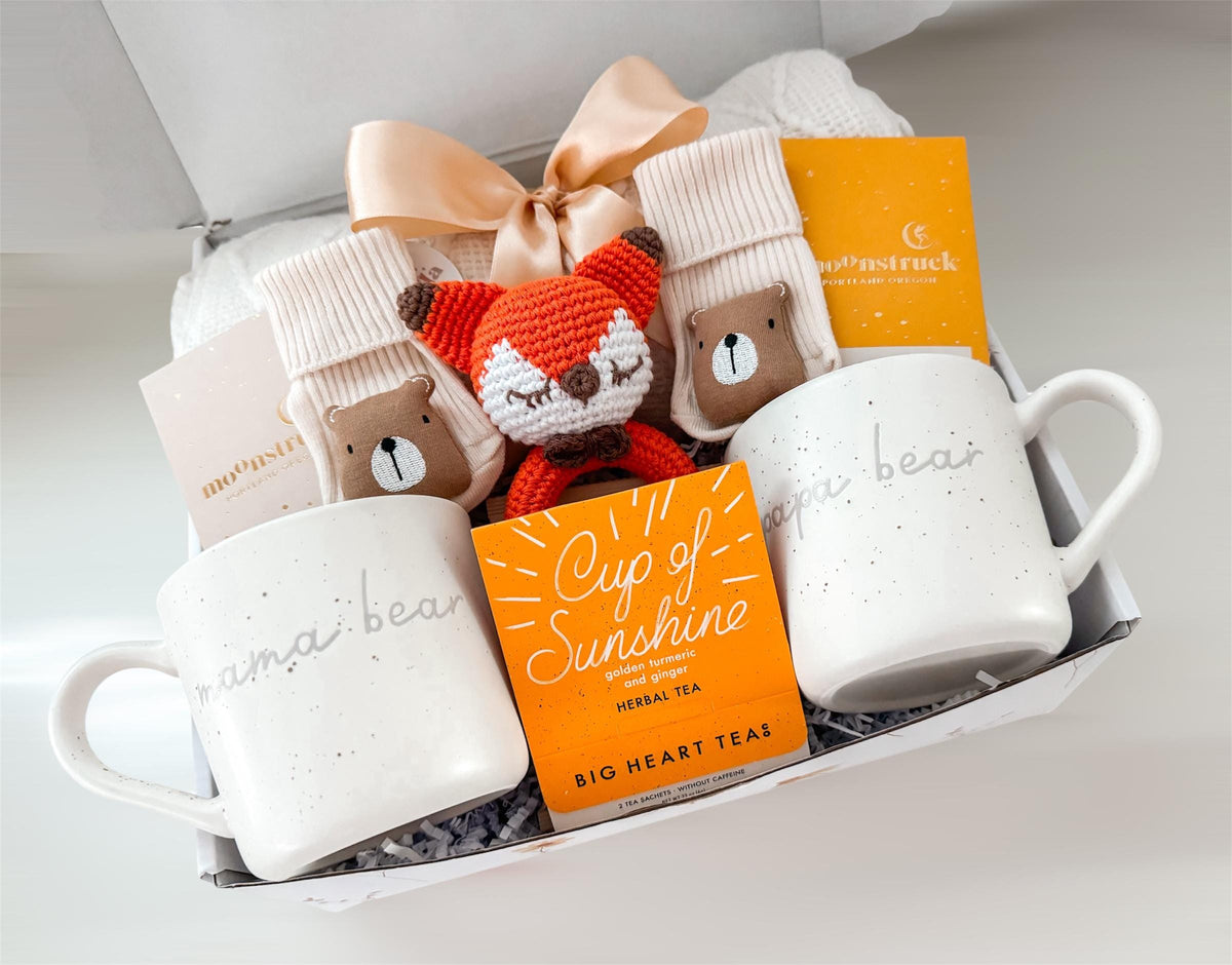 New Parents Care Package | Gift for New Mom Dad & Newborn | Cozy Basket with Treats for parents and Baby Essentials