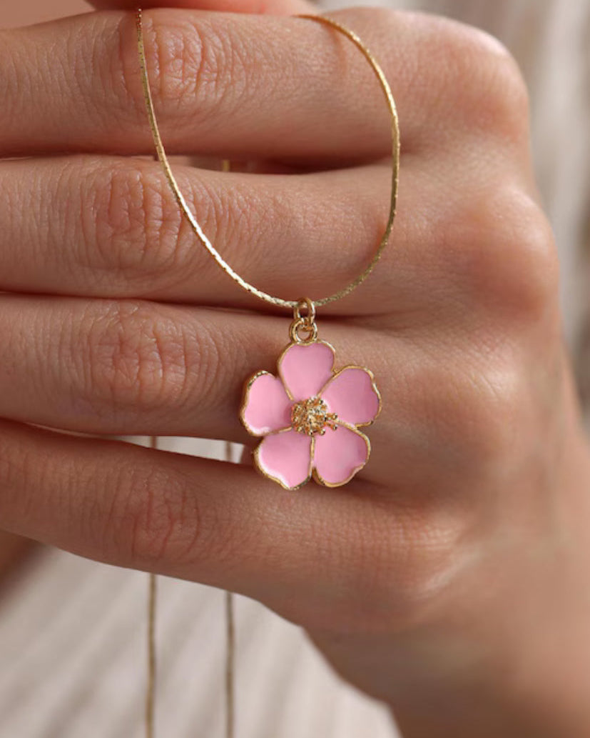 Dainty enamel Sakura flower Necklace Gold plated