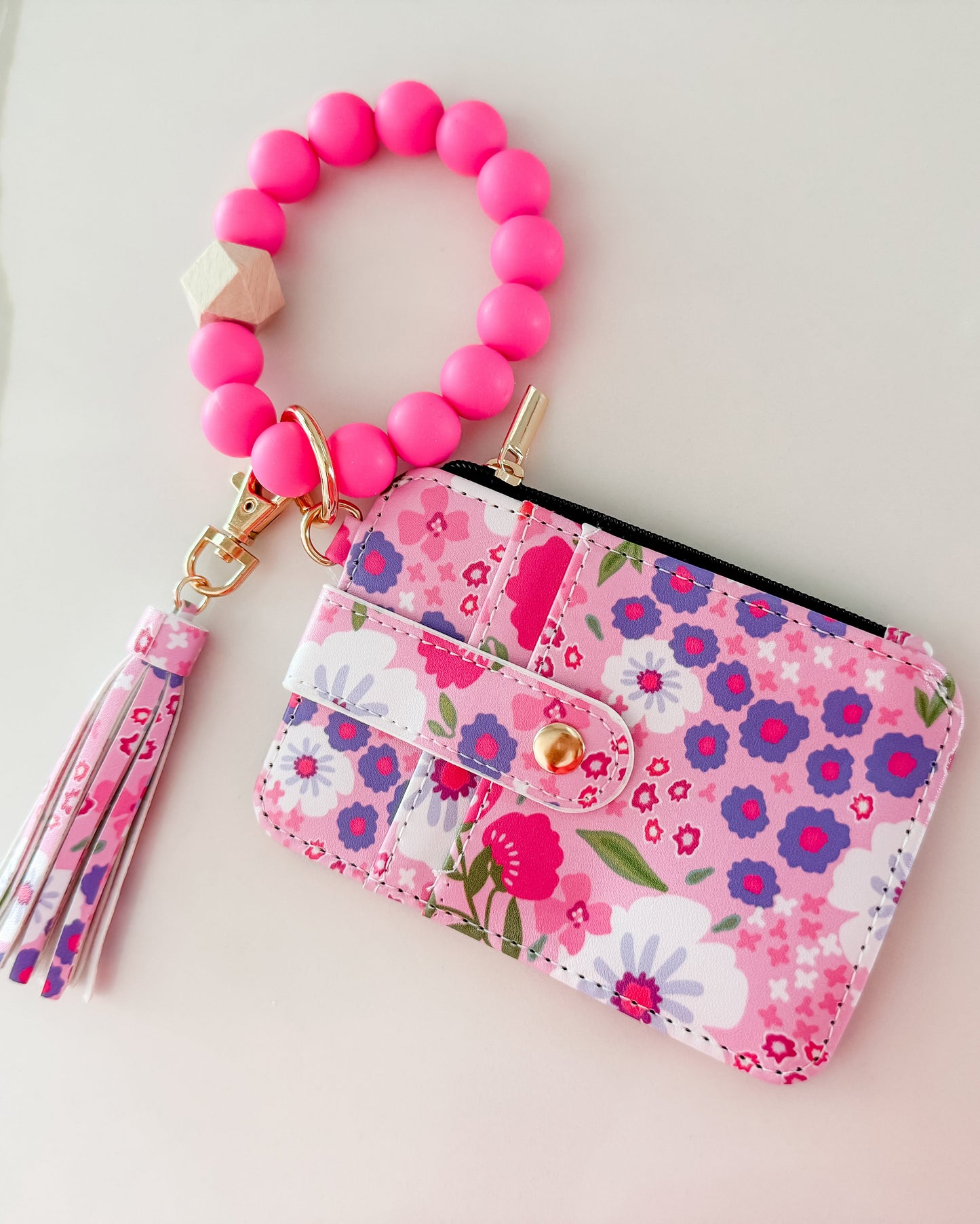 Floral Wristlet Wallet Keychain with Beaded Wrist Strap