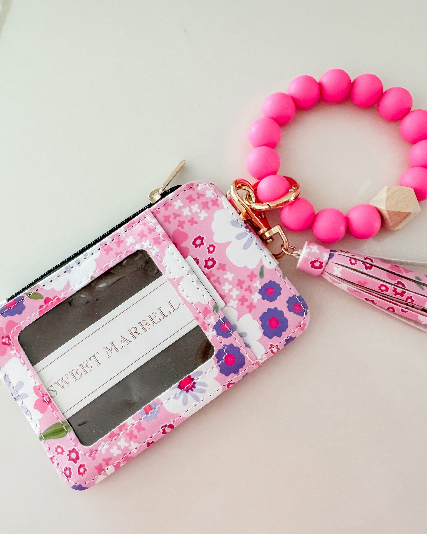 Floral Wristlet Wallet Keychain with Beaded Wrist Strap