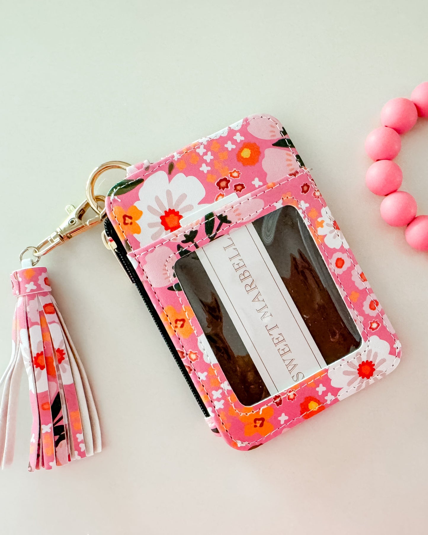 Floral Wristlet Wallet Keychain with Beaded Wrist Strap