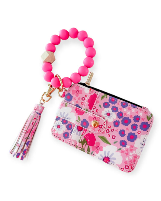 Floral Wristlet Wallet Keychain with Beaded Wrist Strap