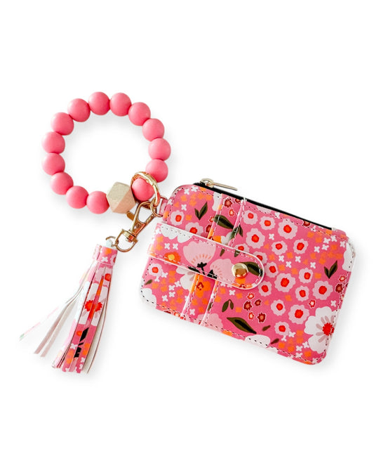 Floral Wristlet Wallet Keychain with Beaded Wrist Strap