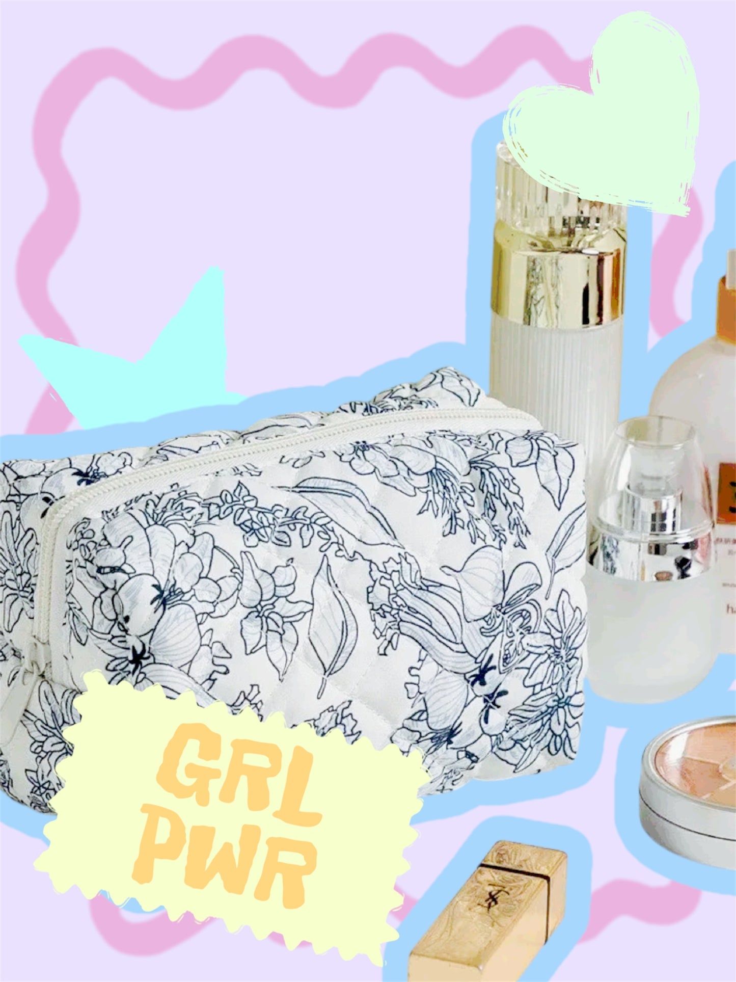 Quilted blue cosmetic pouch