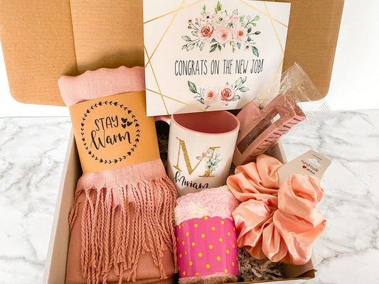 New Job Gift / Congratulations Gift box / Way to Grow / Job Promotion Gift / Co-worker / Shawl scarf / necklace initial mug personalized.