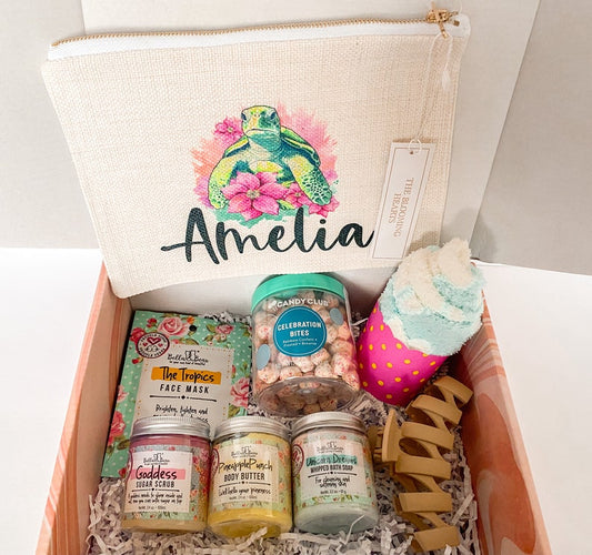 Tween or Teen birthday gift personalized Teenager Gifts for Girls / Turtle pouch makeup bag / Spa Gift Box for Granddaughter niece daughter