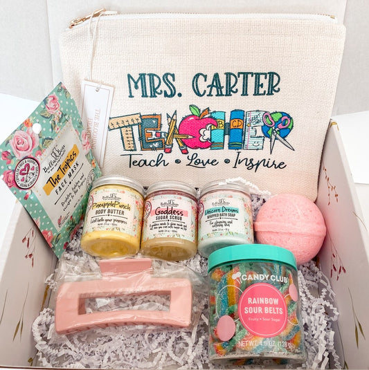 Teacher Appreciation Gift / personalized teacher gift ideas / preschool teacher gift box / relax spa gift set / pencil or cosmetic pouch bag