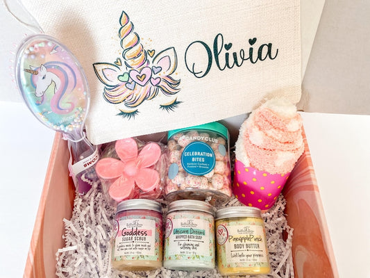 Unicorn Gift for a little girl / Birthday gift for a tween / personalized pouch / Pamper Spa Gift Box / Granddaughter niece daughter gifts.
