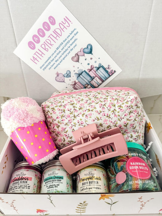 Quilted floral makeup bag gift box for Tween or Teenager girl / 14th birthday gift / 14 year old girl gift for Granddaughter niece daughter.