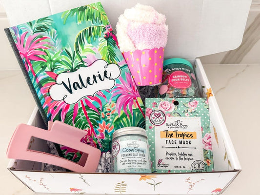 Teen or tween girl birthday gift box/ Teenager gift basket / Get well gift box / personalized journal palm tree notebook / gift for daughter