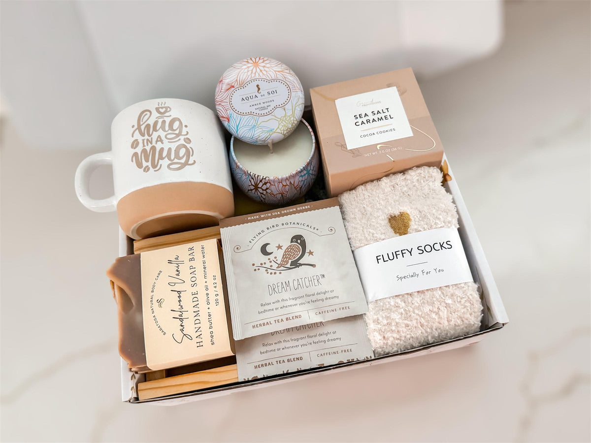 Hug In A Box Care Package with blanket & soy candle  Thinking Of You Gift / Self Care Gift Box / Thank You, Encouragement, Get Well Gift set