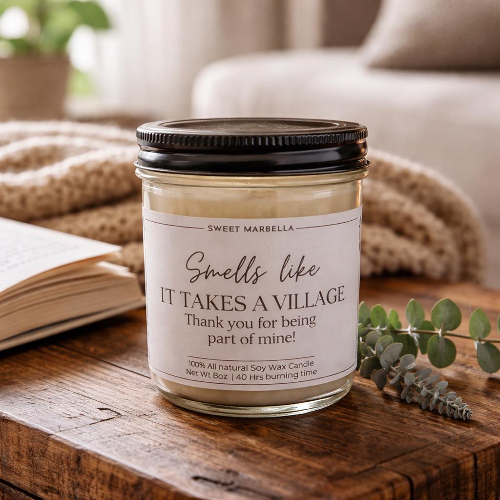 It Takes a Village soy Candle & blanket Gift box - Thank You Candle - Apreciation gift set for teacher or Nanny - Daycare or preschool gifts