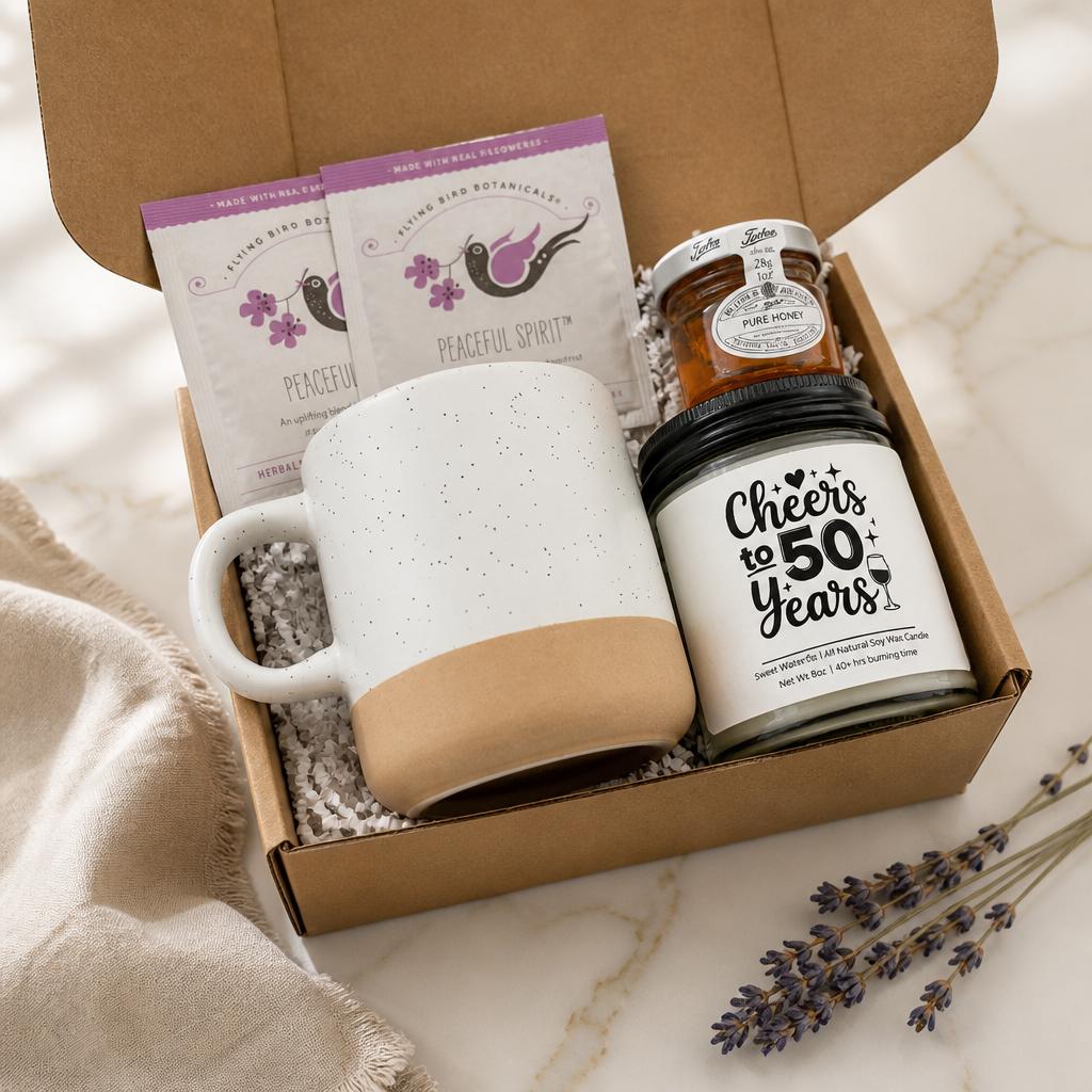 50th Birthday Gift Box for Women / Chapter 50 Gift Set / Funny Soy Candle / Milestone Birthday Gift idea for Best Friend, daughter, sister..