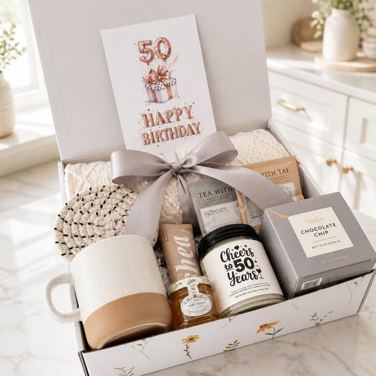 50th Birthday Gift Box for Women / Chapter 50 Gift Set / Funny Soy Candle / Milestone Birthday Gift idea for Best Friend, daughter, sister..