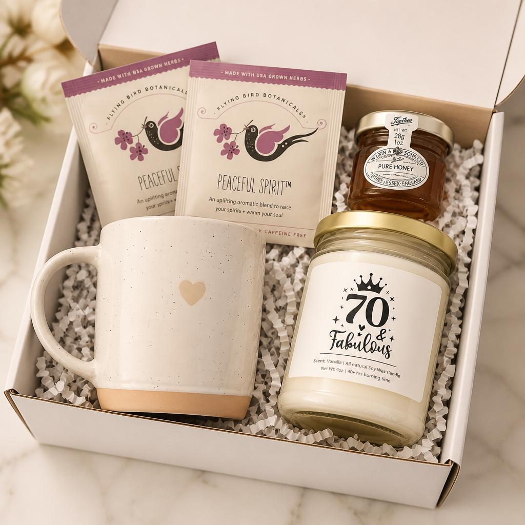 70th Birthday Gift Box for Women / Chapter 70 Gift Set / Funny Soy Candle / Milestone Birthday Gift idea for Best Friend, daughter, sister..