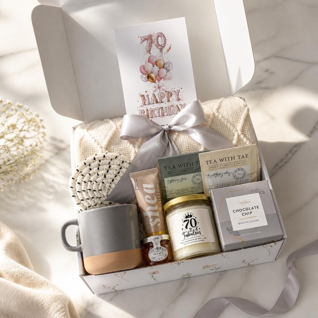 70th Birthday Gift Box for Women / Chapter 70 Gift Set / Funny Soy Candle / Milestone Birthday Gift idea for Best Friend, daughter, sister..