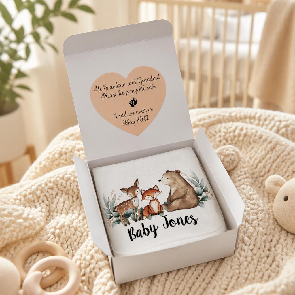 Grandparents Pregnancy Announcement gift box / New grandma, aunt sister, pregnancy reveal / personalized bib / first Grandchild Announcement