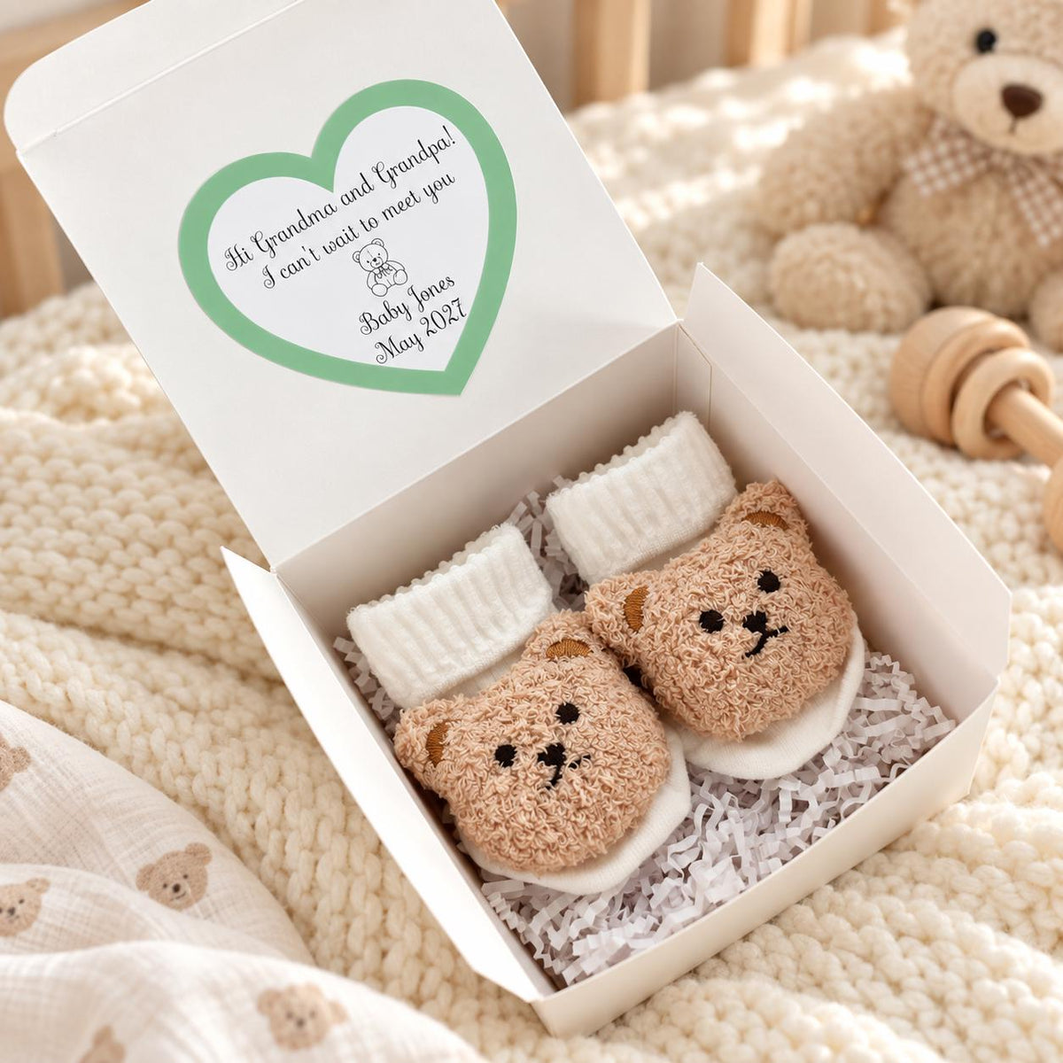 Grandparents Pregnancy Announcement gift box / personalized New grandma aunt pregnancy reveal / bear booties first Grandchild Announcement
