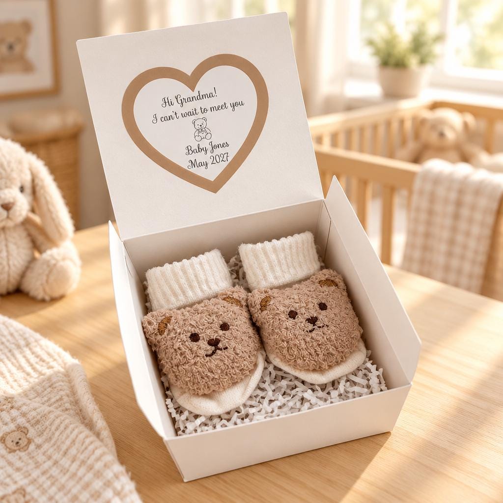 Grandparents Pregnancy Announcement gift box / personalized New grandma aunt pregnancy reveal / bear booties first Grandchild Announcement